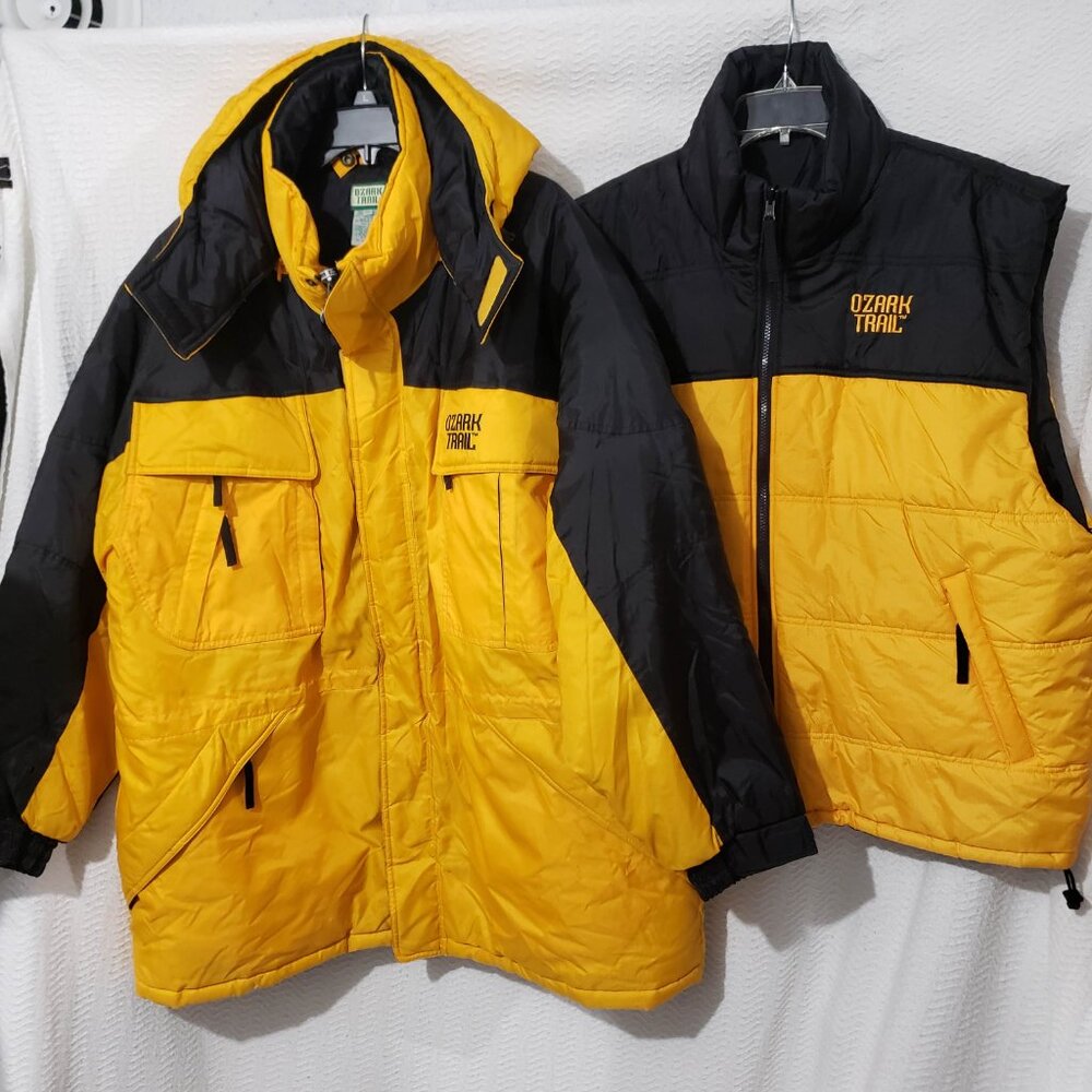 Vtg OZARK TRAIL Nylon Black/Yellow Winter COAT & Reversible VEST 2 in 1 Sz XL
